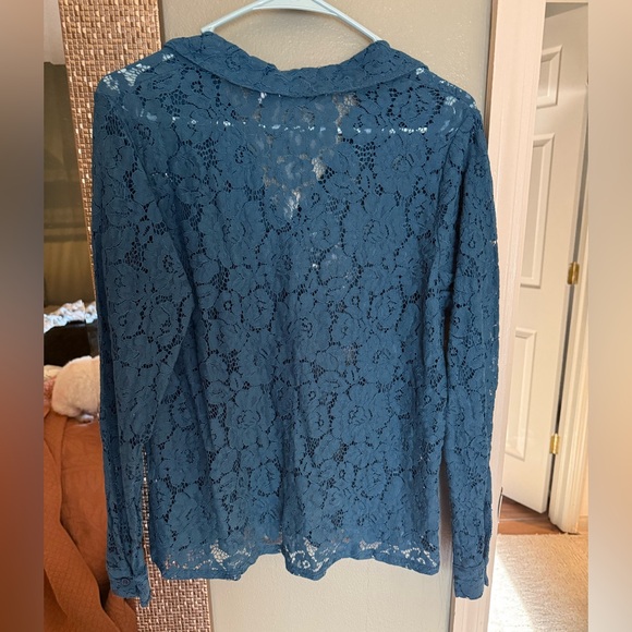 Notations Teal Lace Button Down Shirt - Picture 5 of 5